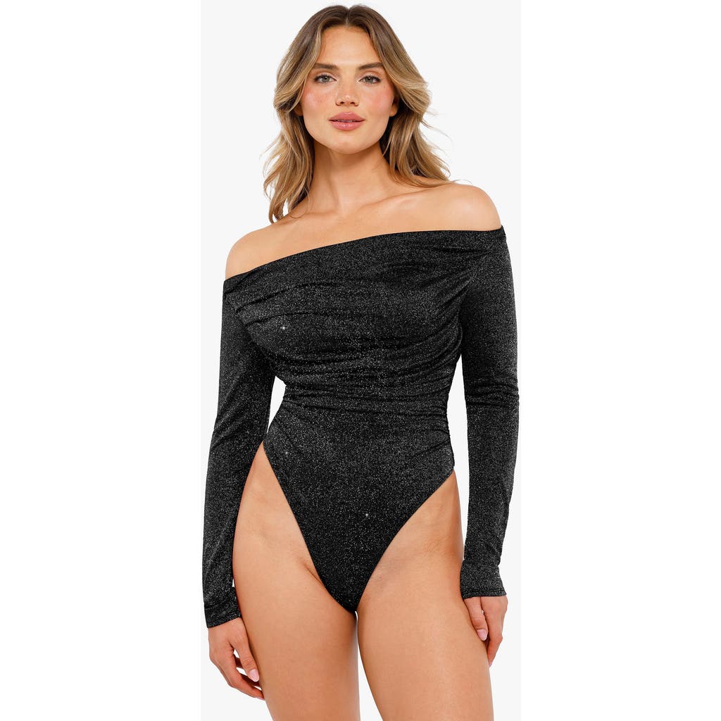 Popilush Shapewear Metallic Knit Long Sleeve Slimming Bodysuit In Jet Black