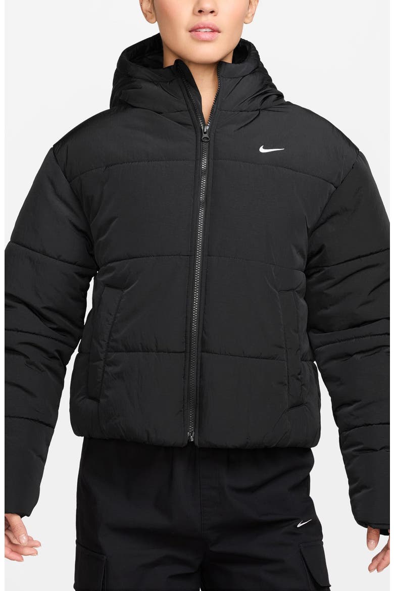 Sportswear Therma-FIT Water Resistant Hooded Puffer Jacket, Main, color, BLACK/ WHITE