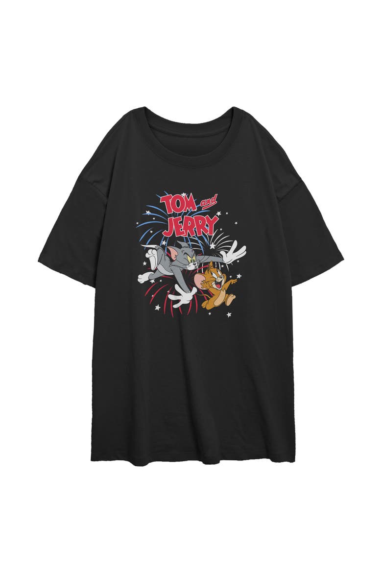 Juniors Tom and Jerry Fireworks Celebration Duo T Shirt, Main, color, Black