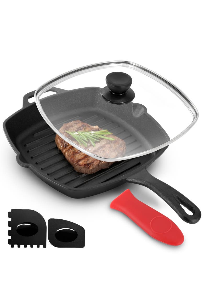10.4 Inch Pre-Seasoned Cast Iron Griddle with Tempered Glass Lid, Main, color, Black