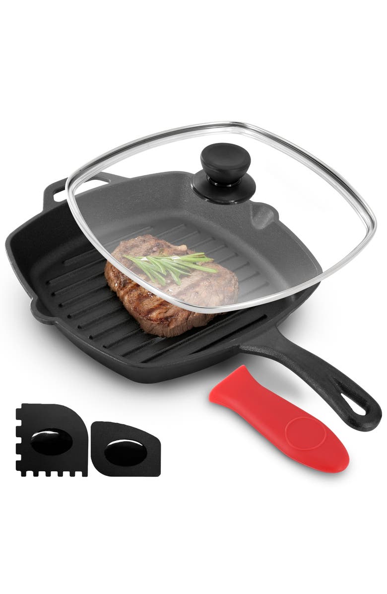 Megachef 10.4 Inch Pre-Seasoned Cast Iron Griddle with Tempered Glass Lid, Main, color, 