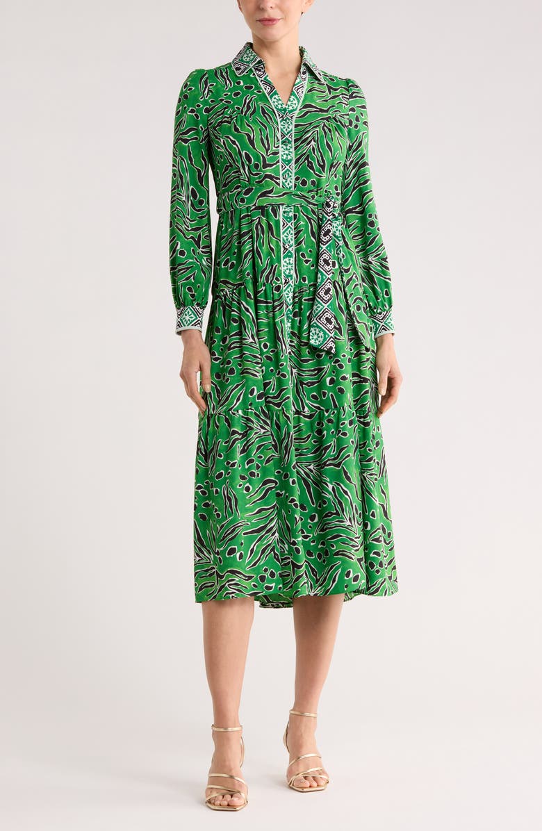 DVF Alea Long Sleeve Shirtdress, Main, color, Green Paper Cut Out