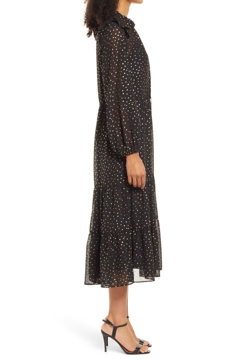 Julie Jordan Drawstring Waist Long Sleeve Midi Dress, Alternate, color, BLACK/ GOLD