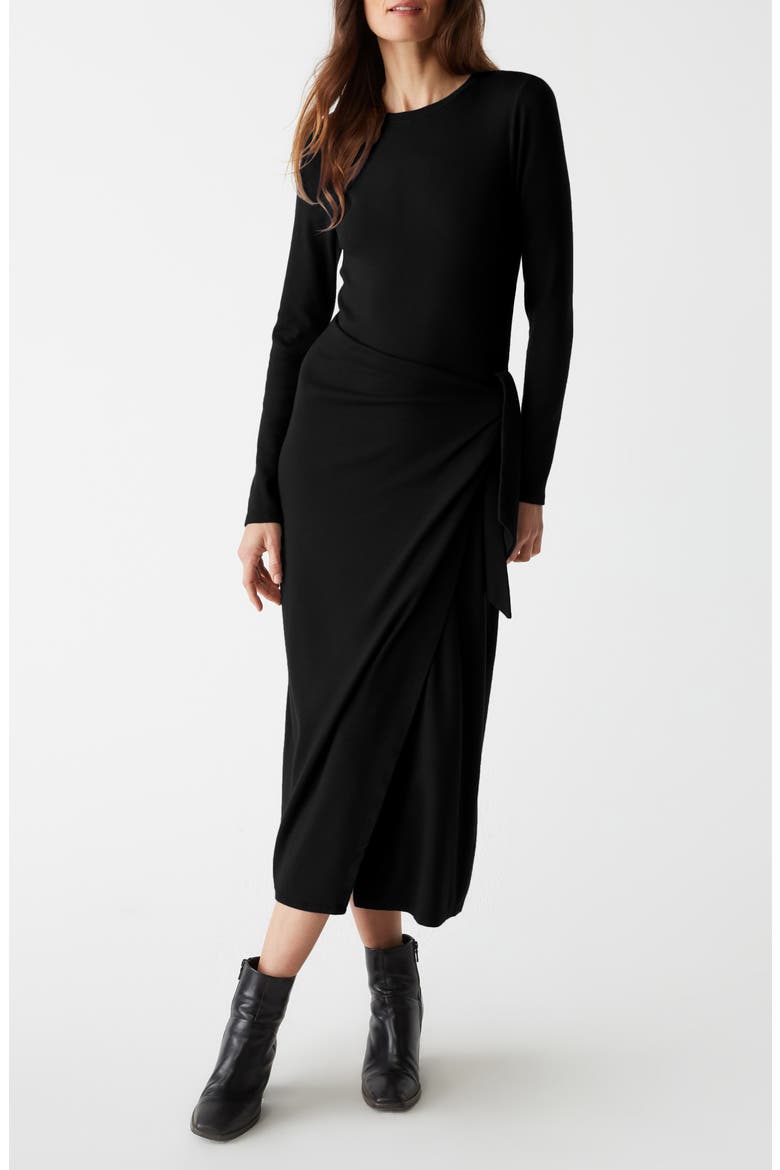 Yessenia Wrap Front Long Sleeve Midi Dress, Main, color, BLACK
