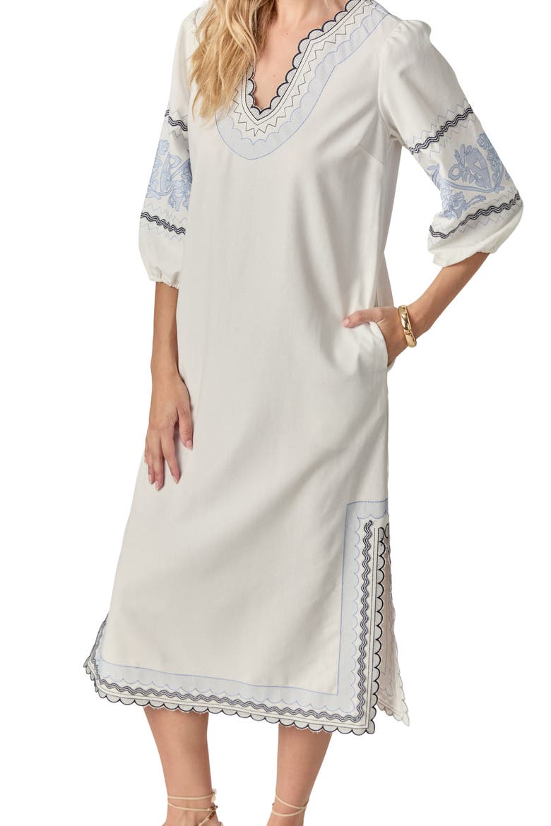 Embroidered Midi Dress, Alternate, color, WHITE/ POWDER BLUE
