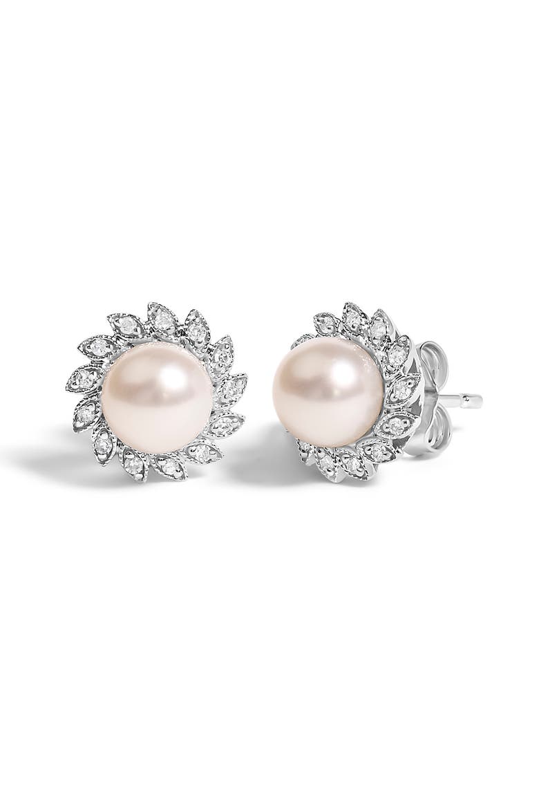 10K White Gold Pearl and Diamond Accent Halo Stud Earrings, Alternate, color, White