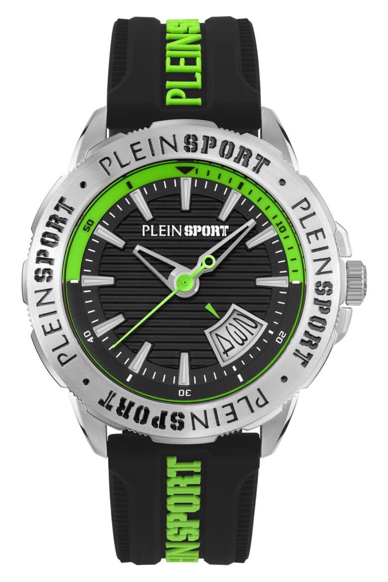 Rampage Silicone Strap Watch, 44mm, Main, color, BLACK/ GREEN/ STEEL