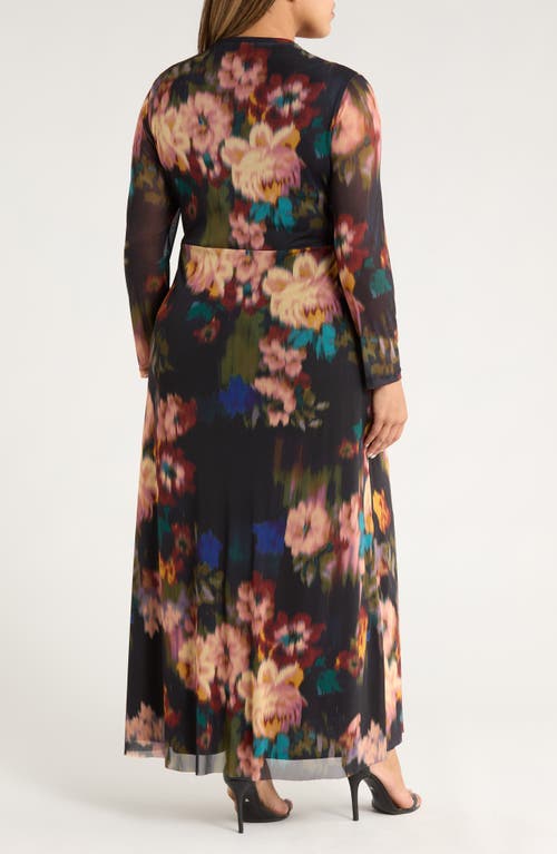 Anne Klein Blurred Floral Twist Front Long Sleeve Mesh Maxi Dress In Multi