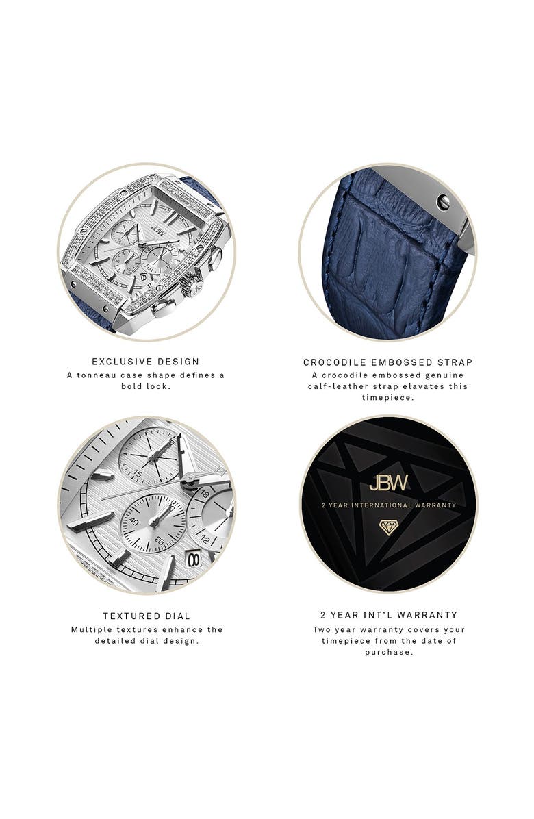 JBW Men's Echelon Diamond Chronograph Croc Embossed Leather Strap Watch, 41mm, Alternate, color, Silver