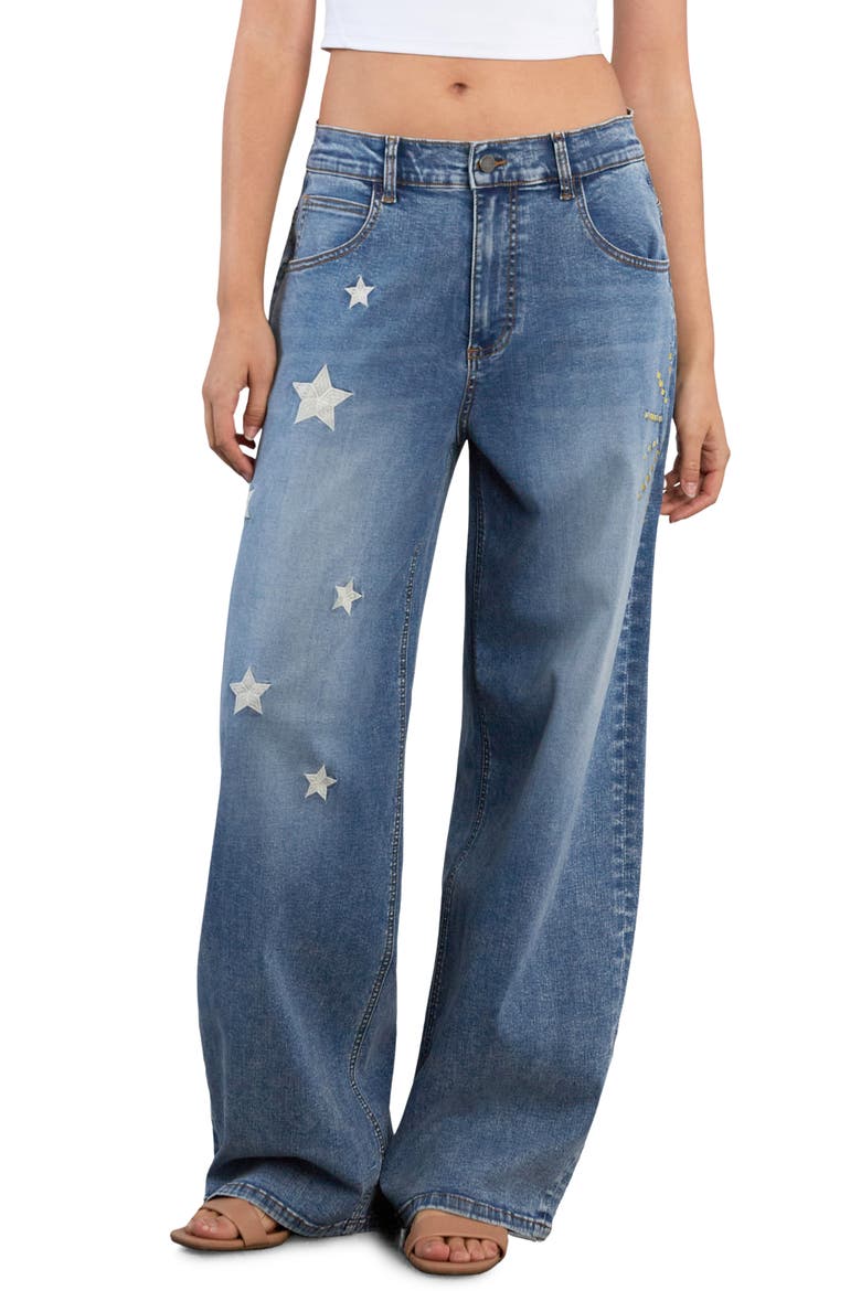 Hello Sunshine Star Embroidered High Waist Wide Leg Jeans, Main, color, SUN BLUE
