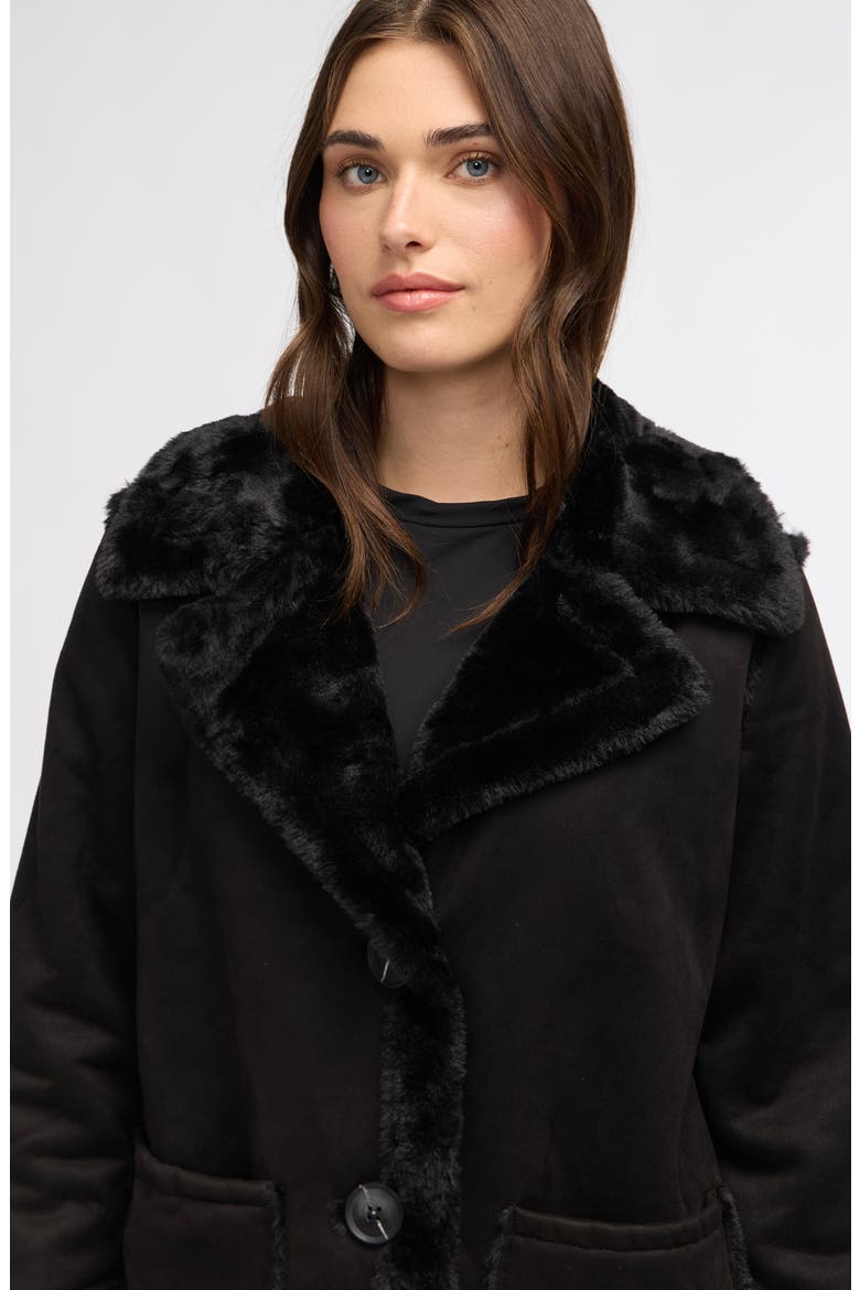 Faux Fur Detail Faux Shearling Coat, Alternate, color, BLACK