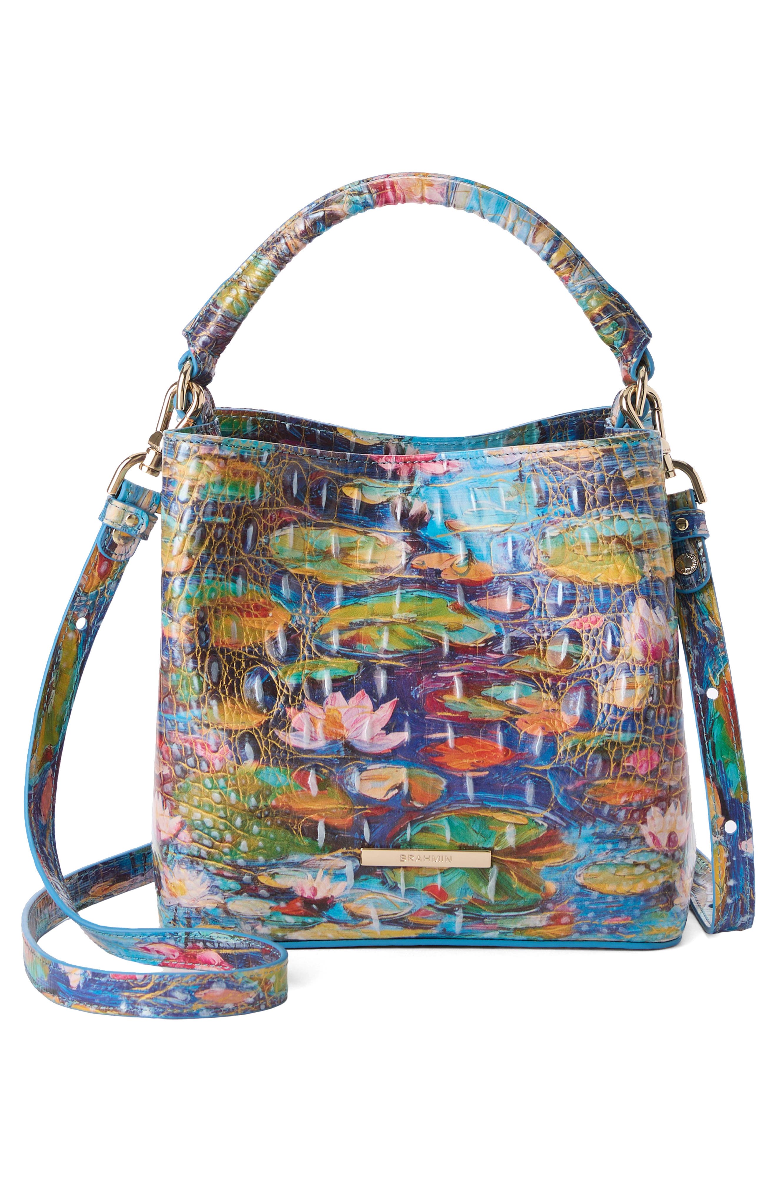 Brahmin Mini Amelia Embossed Leather Top Handle Bucket Bag, Alternate, color, Waterlily