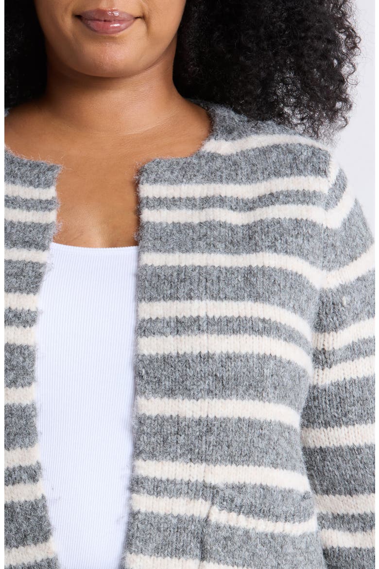 Striped Blouson Sleeve Cardigan, Alternate, color, LIGHT GREY/ ECRU