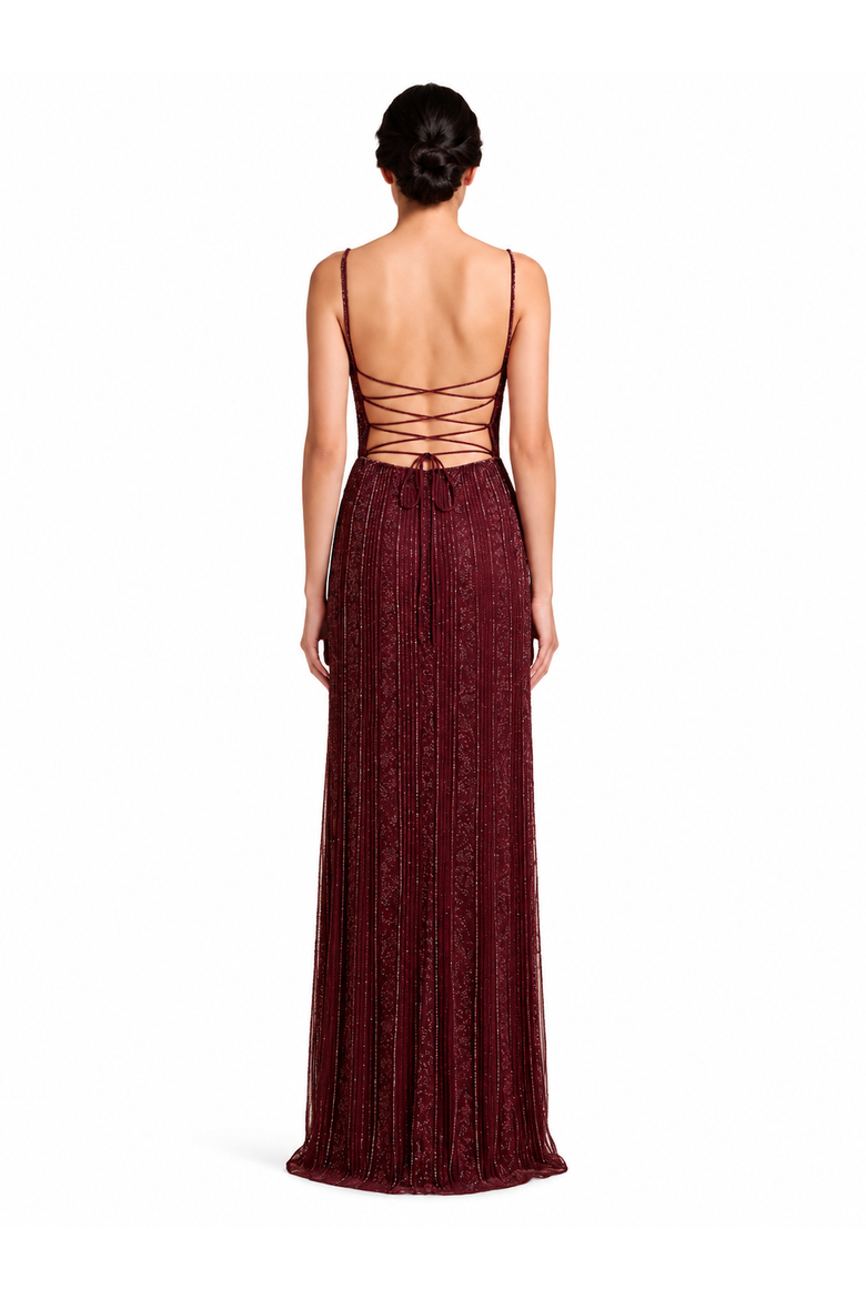 Spaghetti Strap Beaded Gown, Alternate, color, Wine