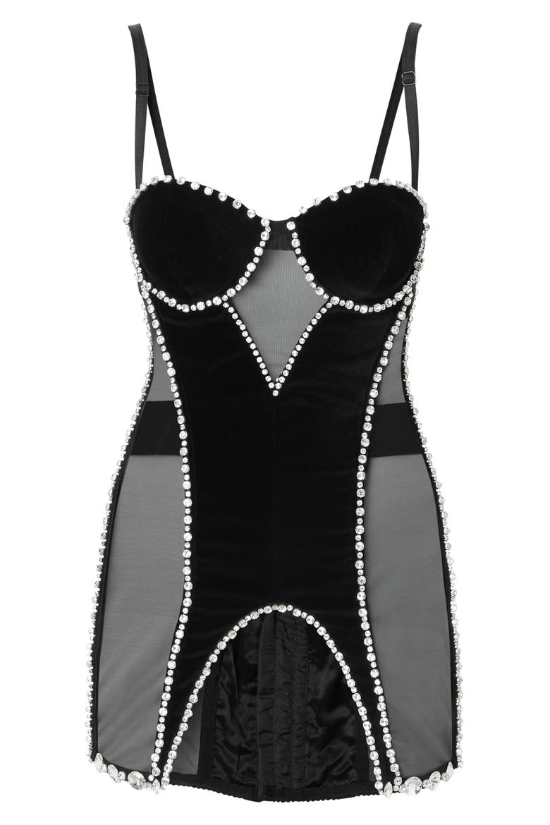 Crystal Embellished Stretch Mesh & Velveteen Corset Top, Alternate, color, BLACK