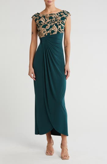Connected Apparel Soutache Bodice Mock Wrap Dress In Hunter/gold