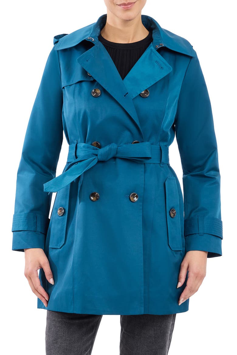 Hooded Double Breasted Cotton Blend Trench Coat, Main, color, PEACOCK