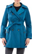 London Fog Hooded Double Breasted Cotton Blend Trench Coat