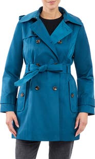 London Fog Hooded Double Breasted Cotton Blend Trench Coat