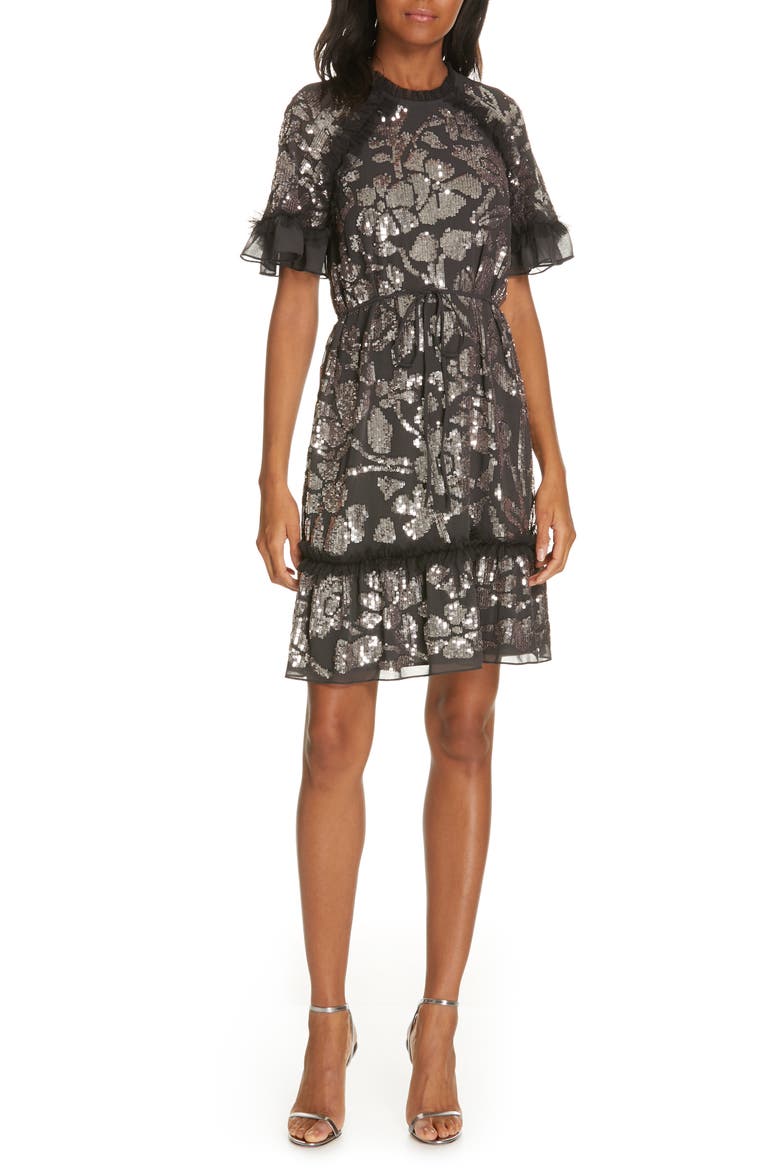 Floral Gloss Dress, Main, color, GRAPHITE/ SILVER