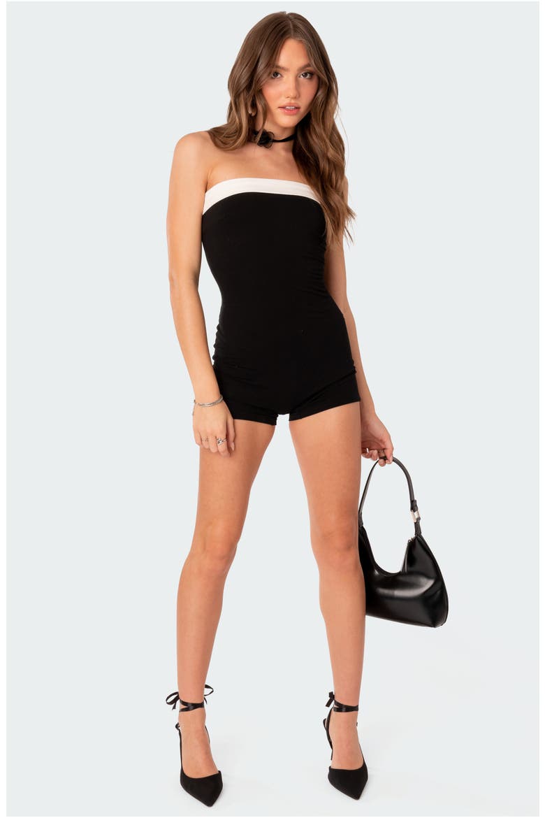 Priyah Contrast Foldover Neck Strapless Romper, Alternate, color, BLACK-AND-WHITE