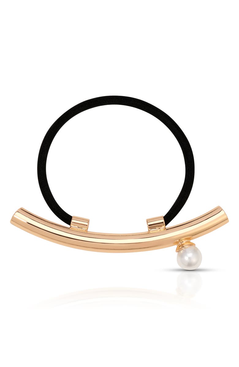 Ettika Smooth Bar & Imitation Pearl Hair Tie, Main, color, Gold