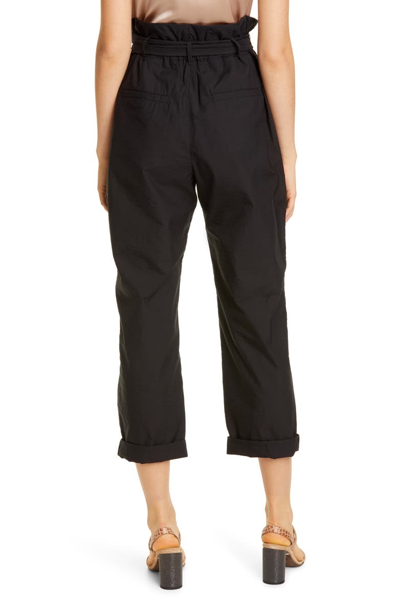 Paperbag Waist Crinkled Cotton Blend Ankle Pants, Alternate, color, BLACK