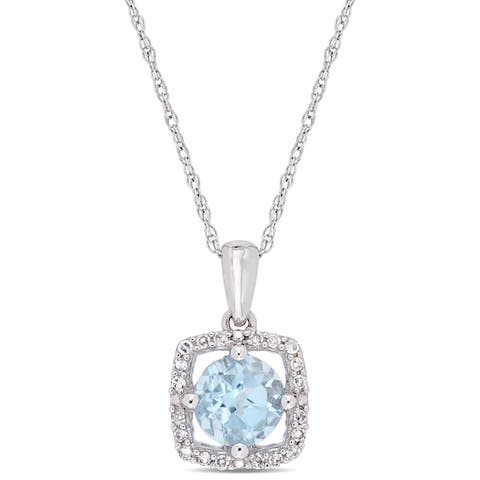 Gemstone & Diamond Square Halo Necklace 10K