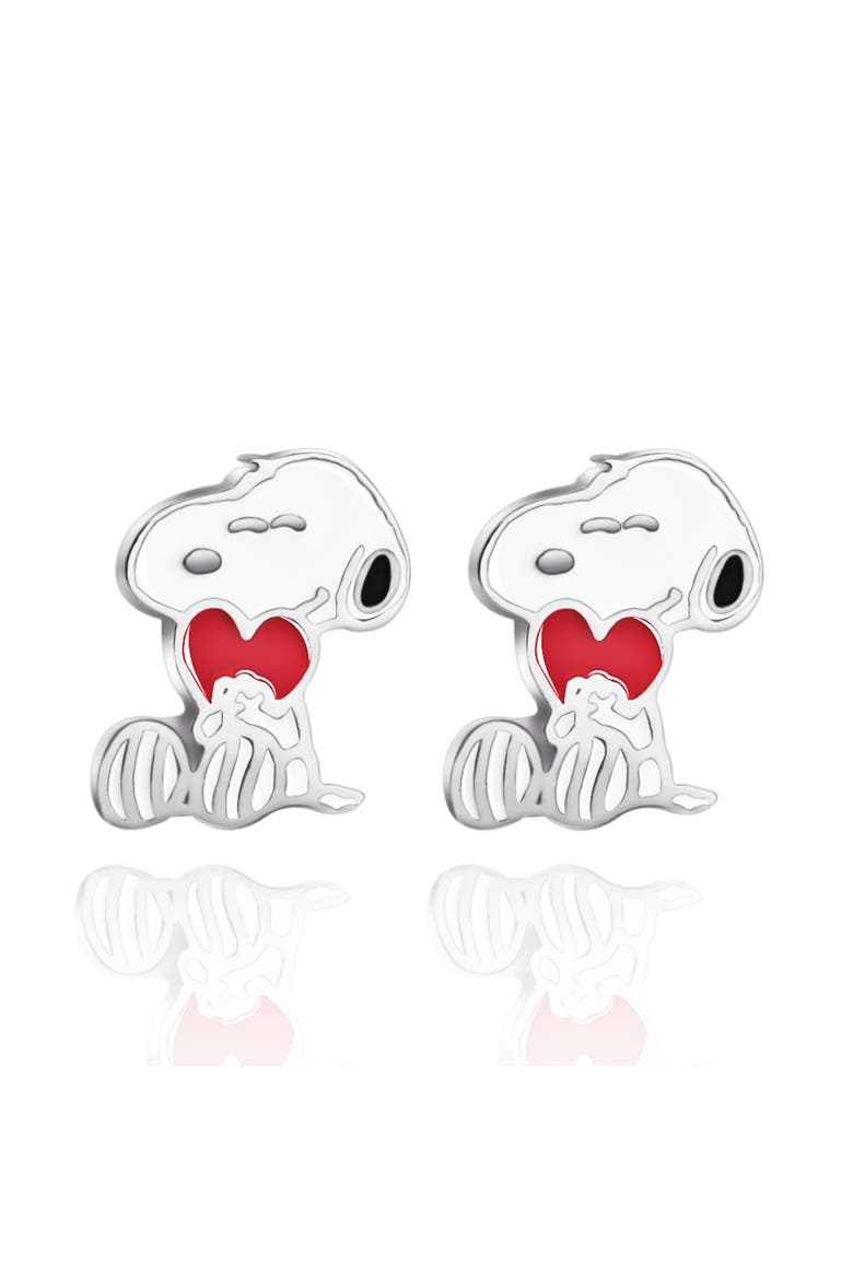 Snoopy Heart Stud Earrings, Silver Plated, Alternate, color, White, red