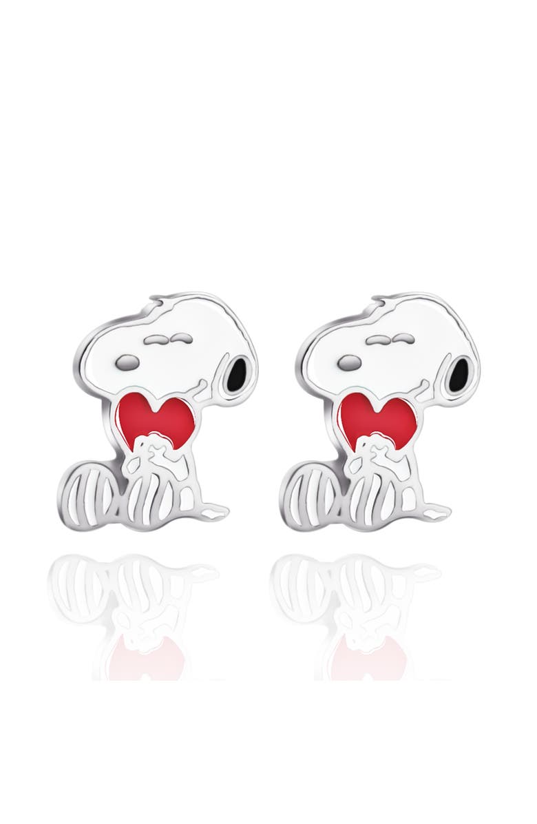PEANUTS Snoopy Heart Stud Earrings, Silver Plated, Alternate, color, White, Red