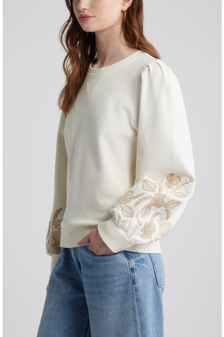 Embroidered Sleeve Cotton Sweatshirt, Alternate, color, IVORY EGRET EMBROIDERY