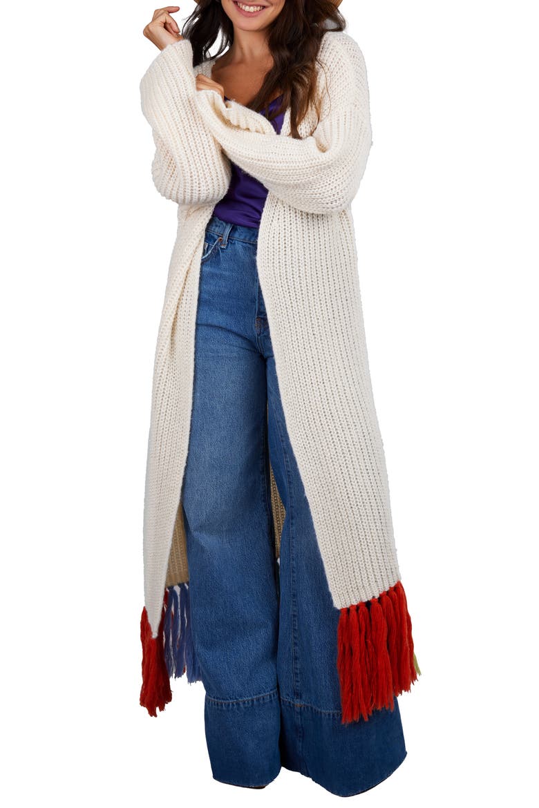 Rainbow Tassel Duster Cardigan, Main, color, WHITE