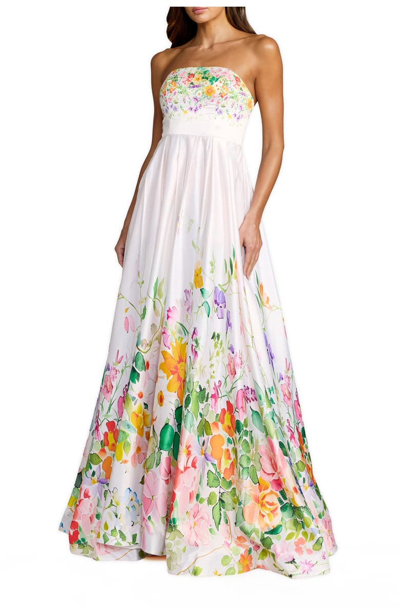 Mac Duggal Floral Print Strapless Satin A Line Gown With Pockets, Main, color, Ivory Multi