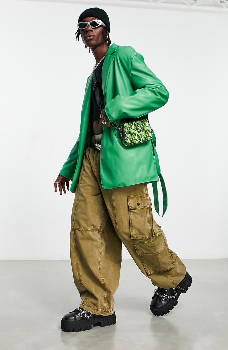 ASOS DESIGN Belted Faux Leather Blazer, Alternate, color,