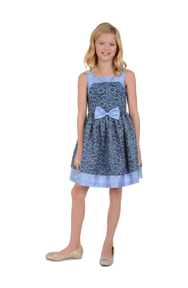 Badgley Mischka Collection Blue Lace Skater Dress with Bow, Main, color, 