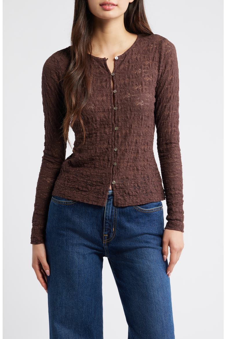 Cyrah Stretch Lace Cardigan, Main, color, WALNUT