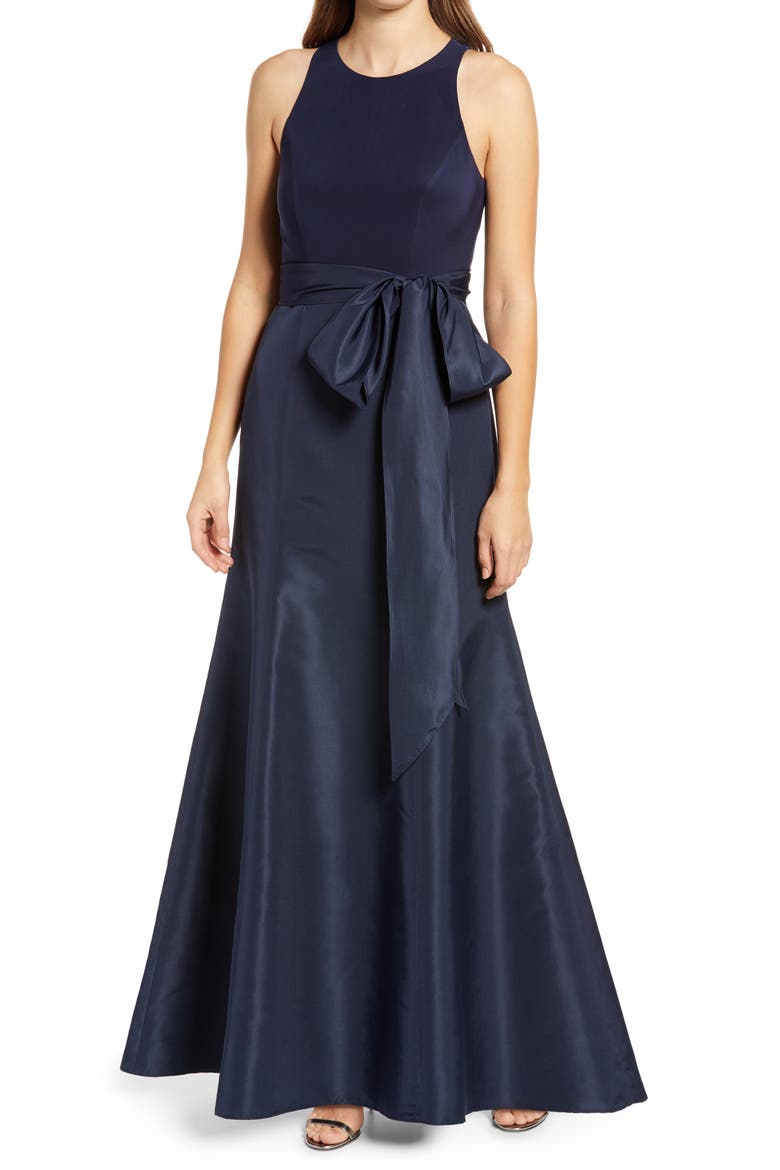 Jersey Bodice Mikado Trumpet Gown, Alternate, color, MIDNIGHT