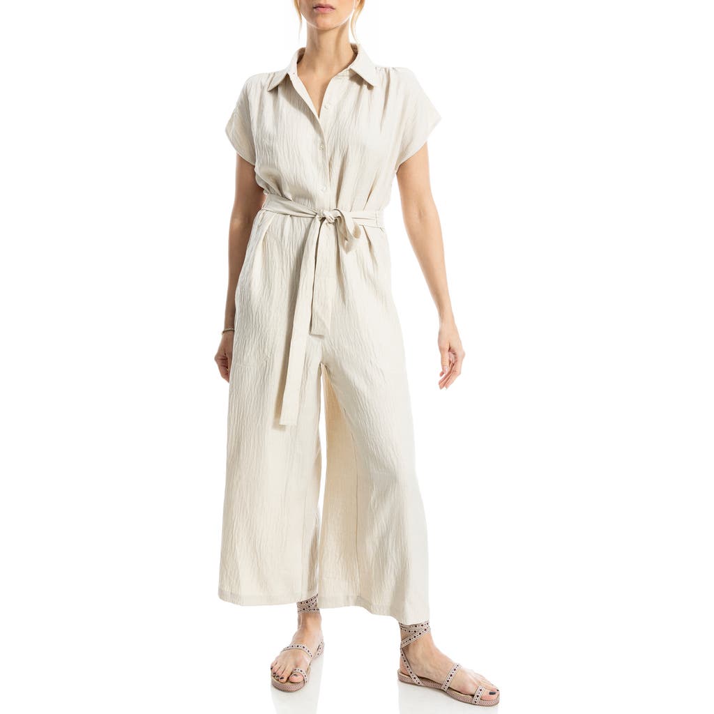 Max Studio Collared Short Sleeve Tie Waist Jumpsuit In White