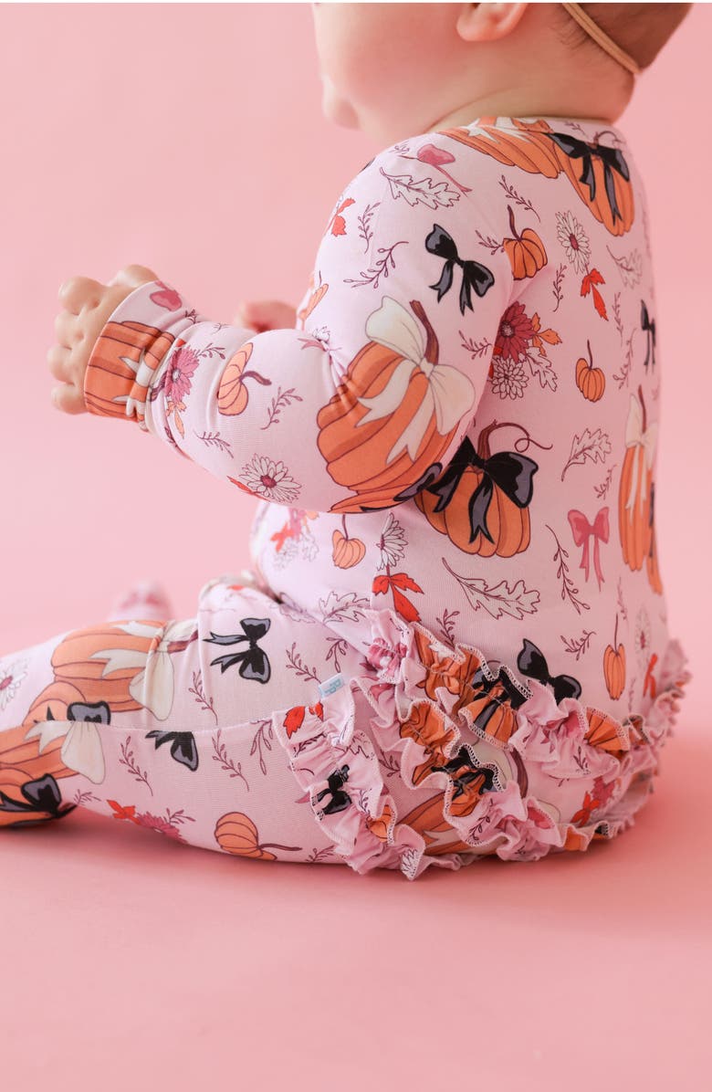 Posh Peanut Pumpkin Print Ruffle Zip Footie, Alternate, color, 