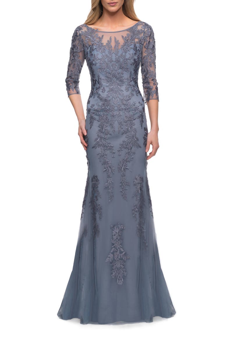 Tulle Gown with Lace Applique and Illusion Top, Main, color, Slate