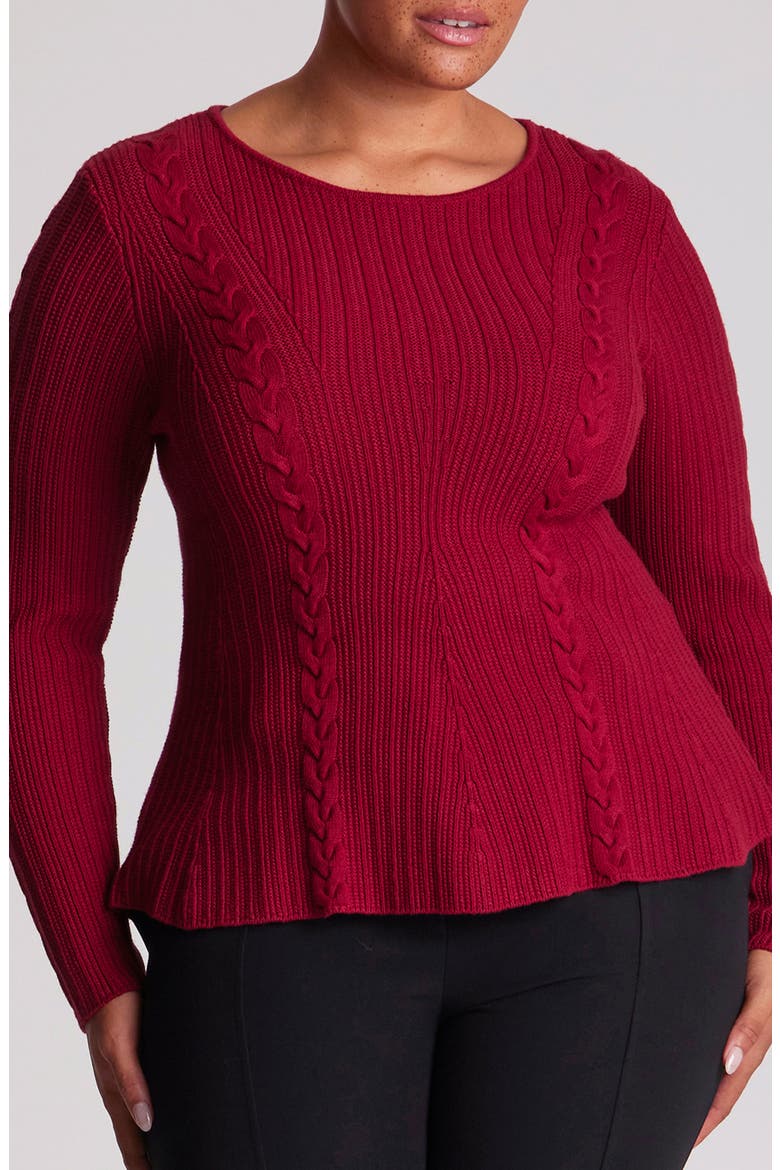 Eveline Peplum Cable Knit Sweater, Alternate, color, CHERRY