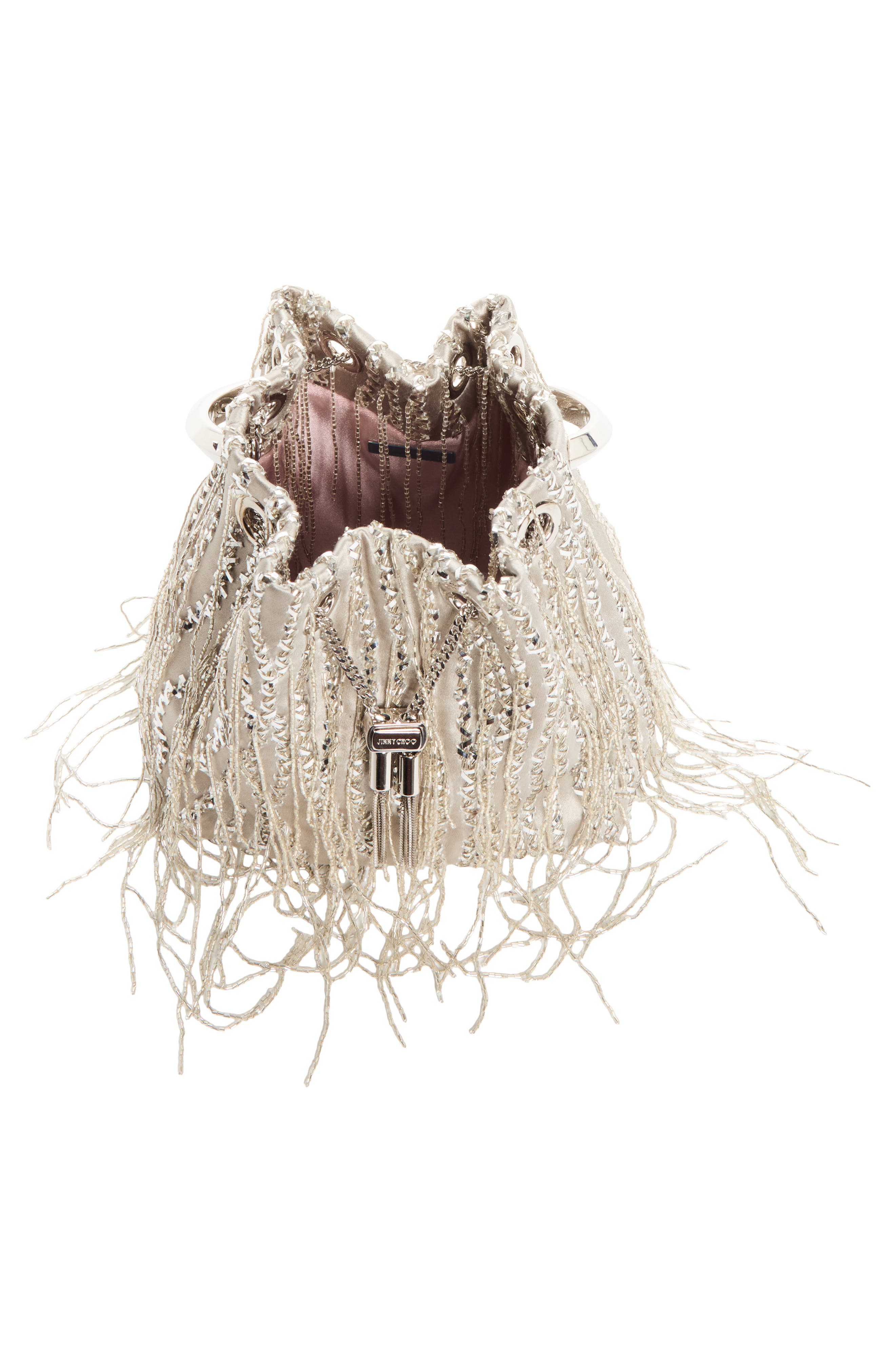 Bon Bon Beaded Fringe Satin Bucket Bag, Alternate, color, SILVER/ SILVER