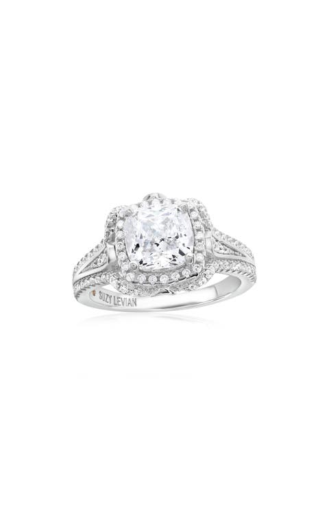 Sterling Silver Cubic Zirconia Halo Pavé Band Engagement Ring