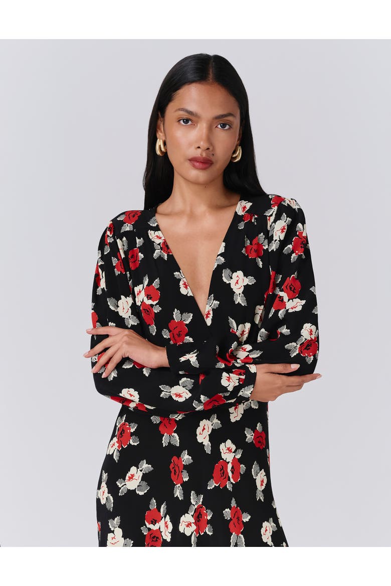 Gracie Floral V Neck Midi Dress, Alternate, color, Black Flower