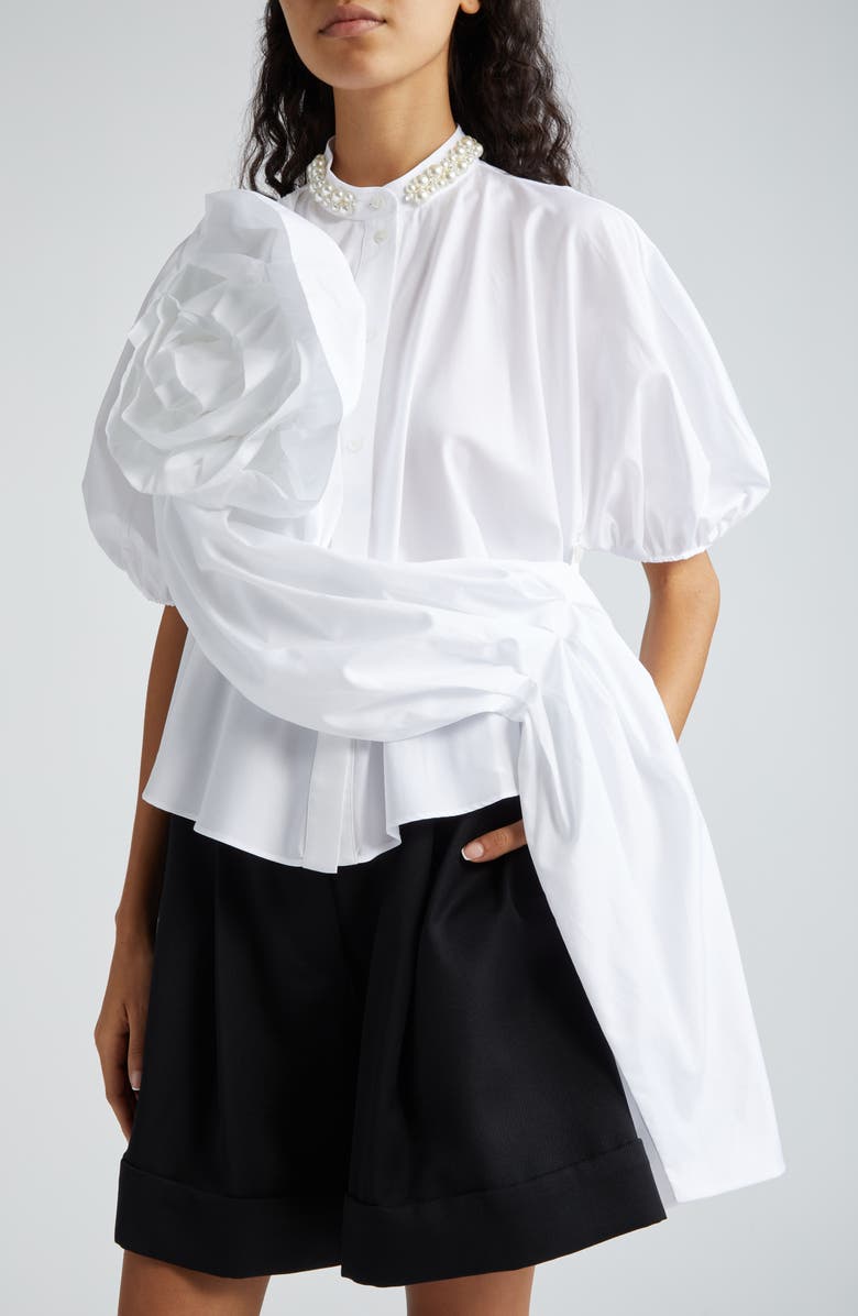 Simone Rocha Beaded Ruffle Puff Sleeve Cotton Button-Up Shirt, Alternate, color, 