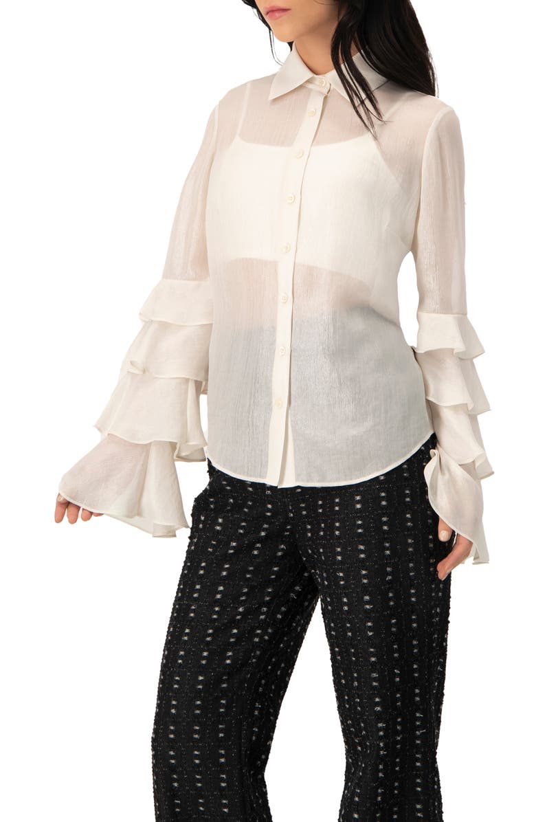IVONNE Sheer Shirt with Tiered Ruffle Sleeves, Alternate, color, Natural