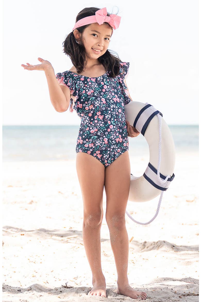 Kids' Moonlit Meadow Butterfly Sleeve One-Piece Swimsuit, Alternate, color, BLUE
