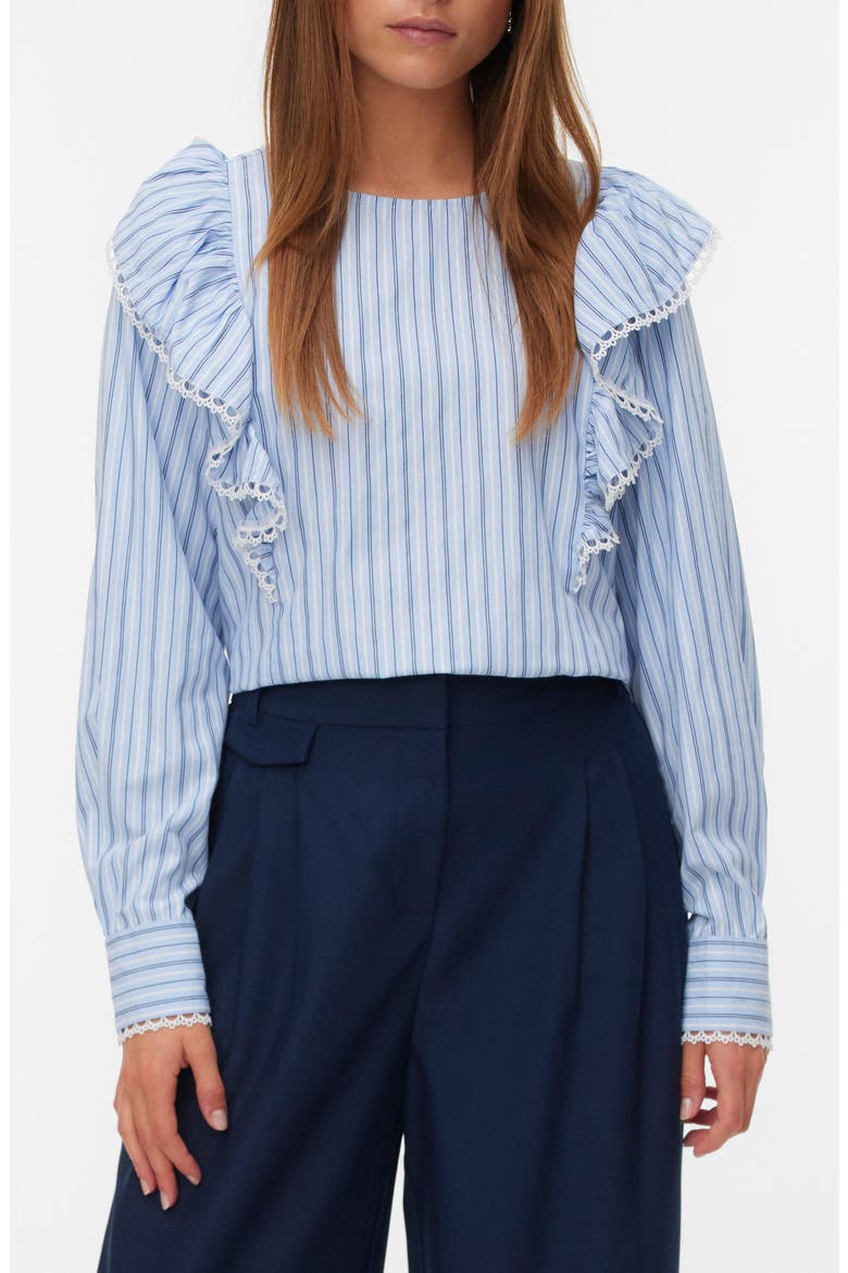 Fanni Embroidered Trim Ruffle Top, Main, color, BRUNNERA BLUE W. STRIPES