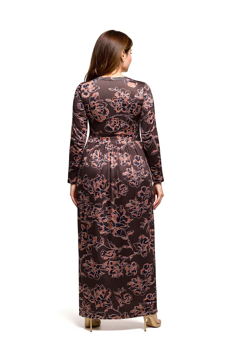 24seven Comfort Apparel Floral Long Sleeve Scoop Neck Maxi Dress, Alternate, color, Brown Multi