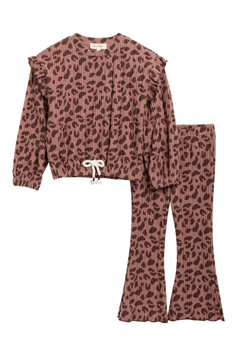 Kids' Leopard Print Hacci Pullover & Pants Set, Main, color, BROWN